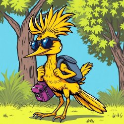 A yellow roadrunner wearing a backpack and sunglasses