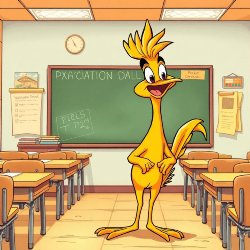 A yellow roadrunner teaching in a classroom